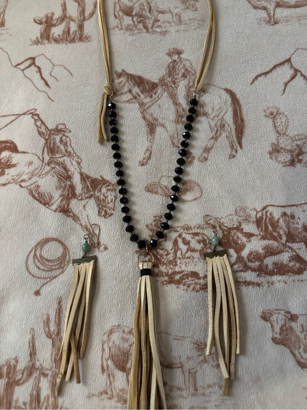 Beige Suede Tassel Necklace and Earring Set